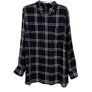 Talbots Woman 2X Button Down Shirt Top Navy Blue Plaid Long Sleeves Collared